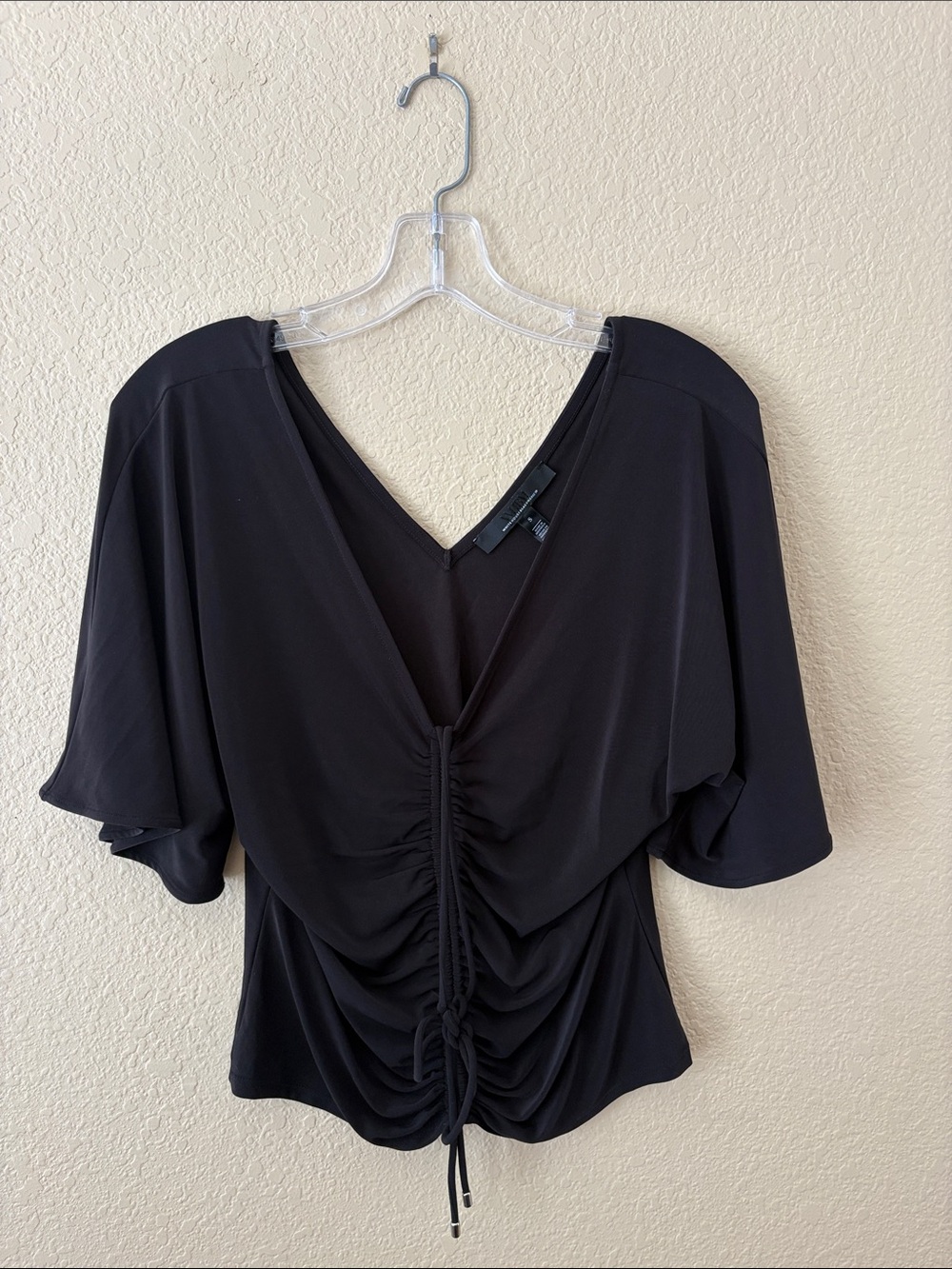 White House Black Market Black V-Neck Ruched Drawstring Blouse